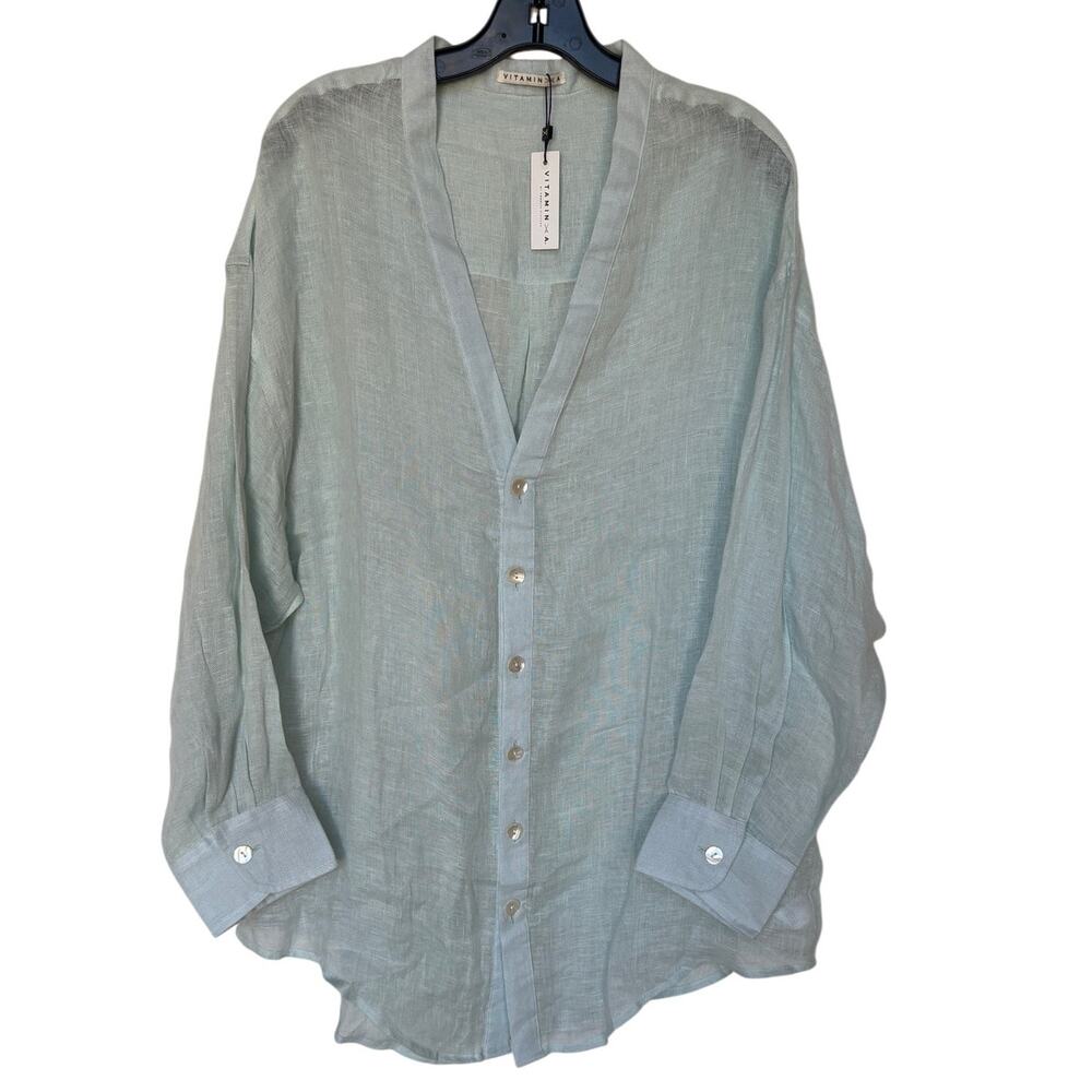 Vitamin A Aqua Semi-Sheer Linen Cover Up Big Shirt Tunic Beach Resort size S NWT
